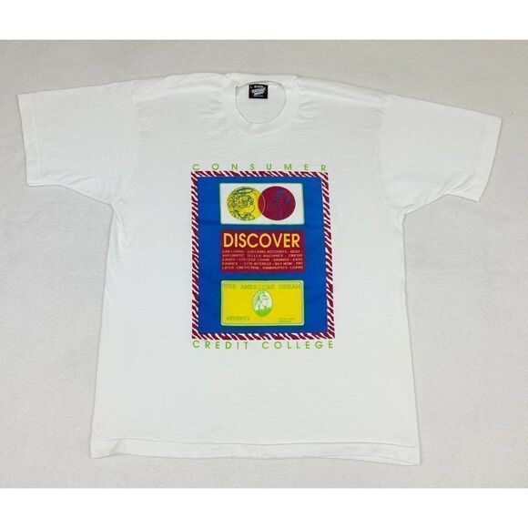 Vintage 90s Consumer Credit College T-Shirt Large White Money Single Stitch - Picture 2 of 10